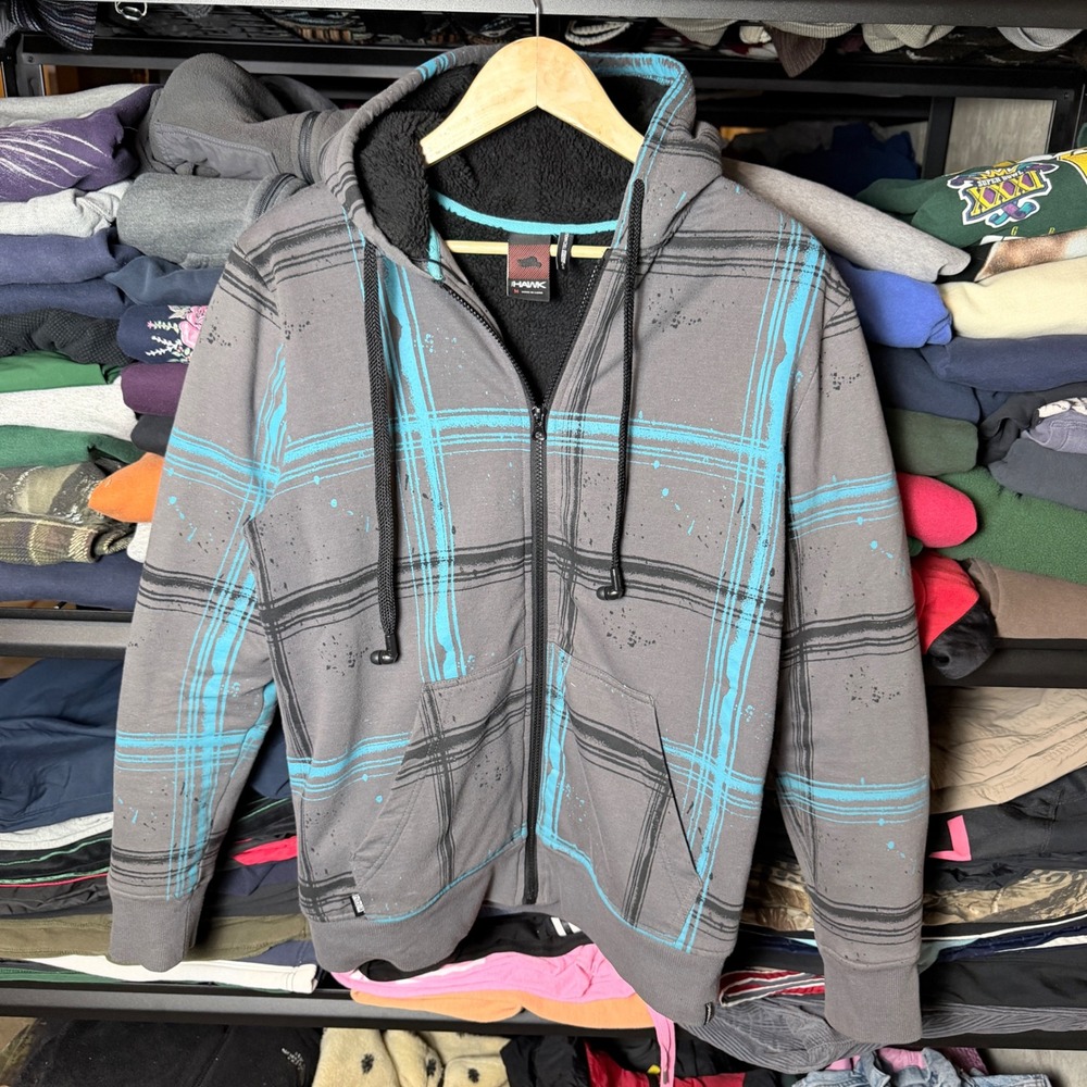 Hawk Plaid Zip Up Sherpa Lined Hoodie Sweatshirt Men's Medium Gray‎ Blue